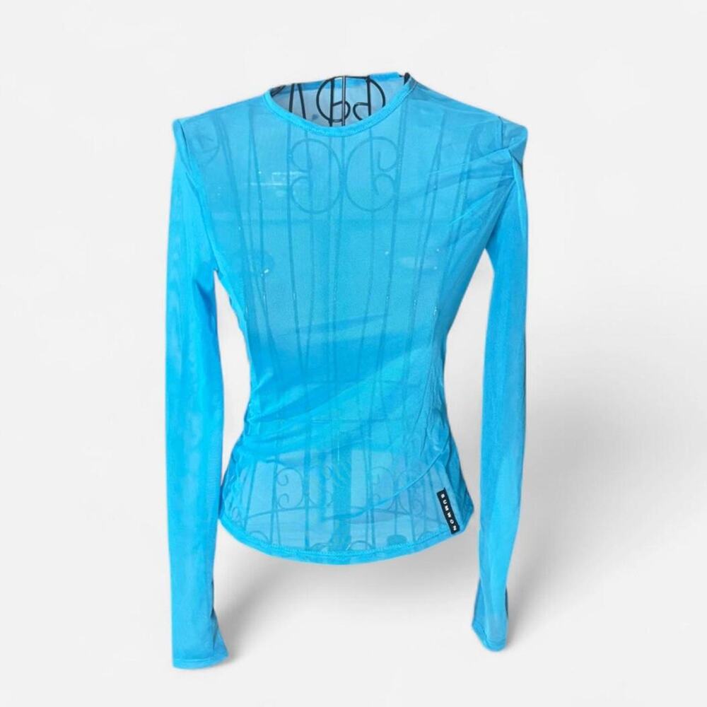SUMWON NWT Bright Blue Mesh Ruched Long Sleeve Top – Size Extra Small (XS)